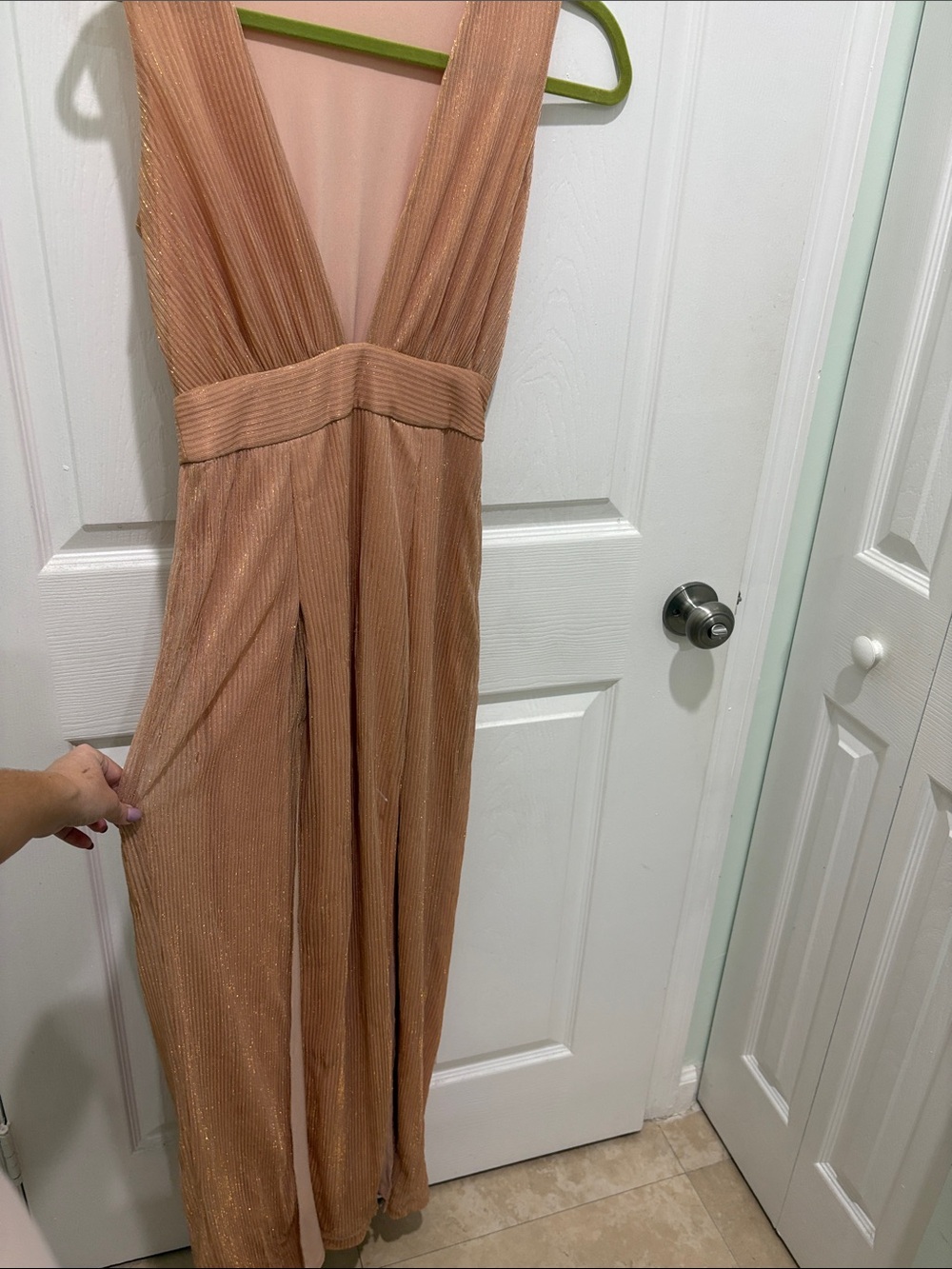 Lovers + Friends One-Shoulder Shimmery Peach Jumpsuit